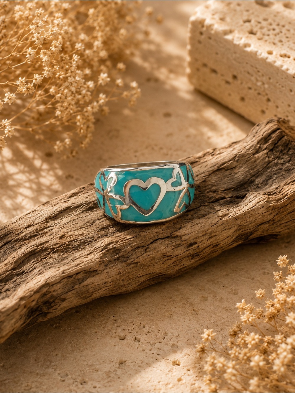 Stainless Silver Turquoise Heart Ring | Southwestern Inlay Band | Boho Jewelry